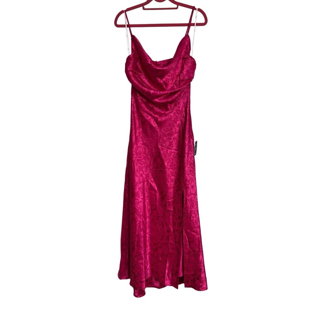 Lulus Dress Womens Small Hot Pink Stunning Radiance Satin Jacquard Cowl Midi NWT